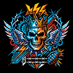 Obraz premium Vibrant skull with crown, wings and lightning on a dark background