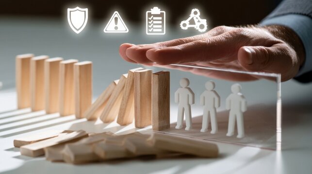 Businessman's hand halting falling wooden dominoes to protect a team of employees behind a clear barrier
