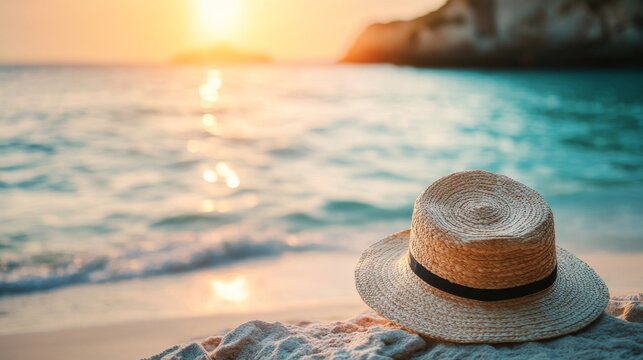 Straw hat rests on sandy beach at sunset, ocean waves gently lapping shore