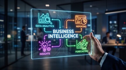Fototapeta premium Business intelligence data strategy hologram interface held by manager