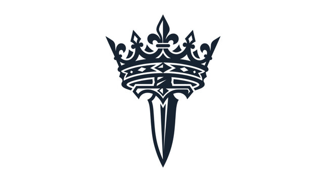 A dark graphic illustration featuring a sharp dagger combined with a royal crown symbol