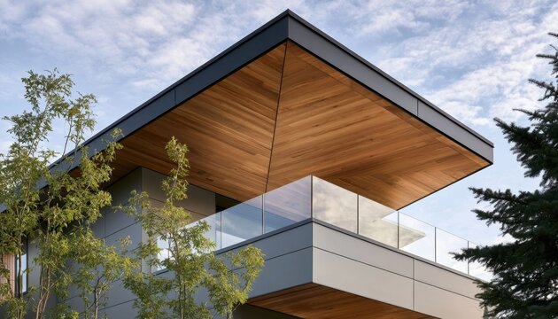 Cantilevered home exterior with wooden soffit and glass railing