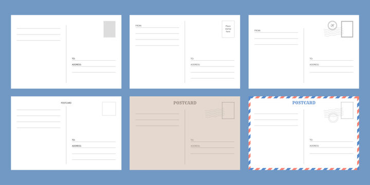 Set of empty back of a postcards with postage stamps for travel. Vector vintage template design
