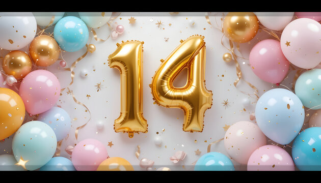 Shiny gold number fourteen balloon with confetti and pastel balloons on white background aesthetic.