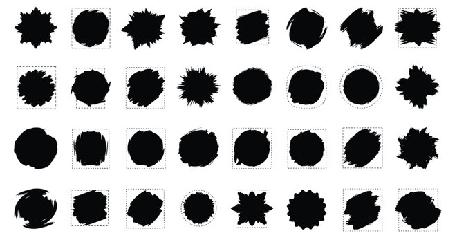 Diverse collection of black ink splats and starburst shapes is arranged in a grid to provide various creative elements for graphic designers.