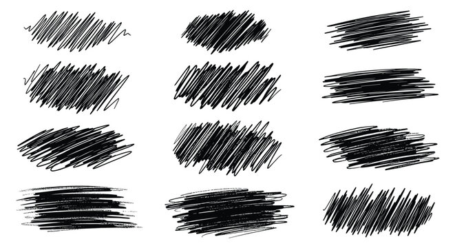 Collection of twelve different hand-drawn black scribble brush strokes provides a variety of textures for artistic and graphic design work.