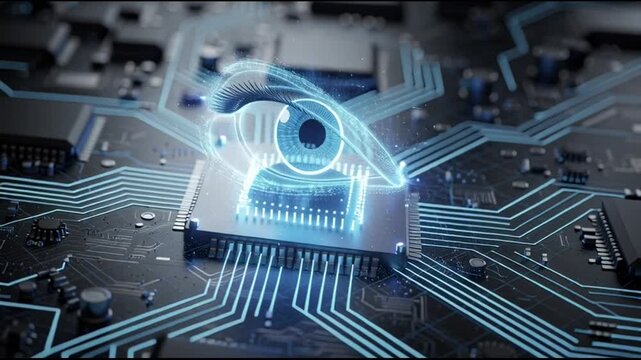 Glowing blue eye on circuit board.