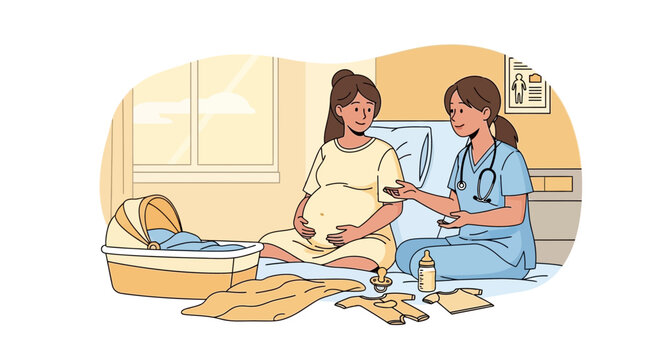 Pregnant woman with nurse, preparing for childbirth, baby cradle and clothes