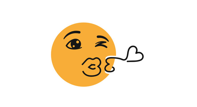 Friendly yellow emoji face with a winking eye and puckered lips is shown blowing a small heart-shaped kiss in a playful digital sticker.