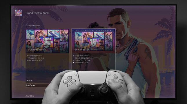 Grand Theft Auto VI PlayStation Store pre-order page on TV showing Standard and Ultimate Edition options with PS5 controller