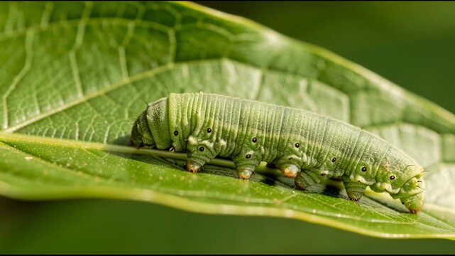 Green Caterpillar on a Leaf Closeup.