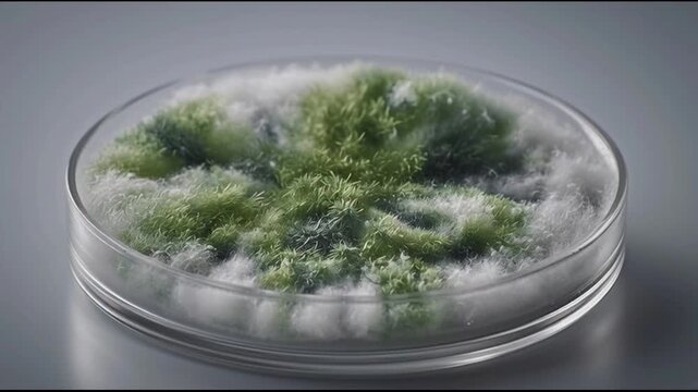 Green algae growing in petri dish.
