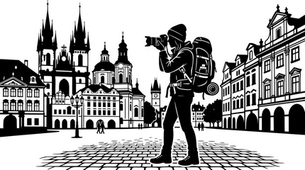 Travel Photographer Capturing Cityscape Silhouette in Historic European Town © Berang