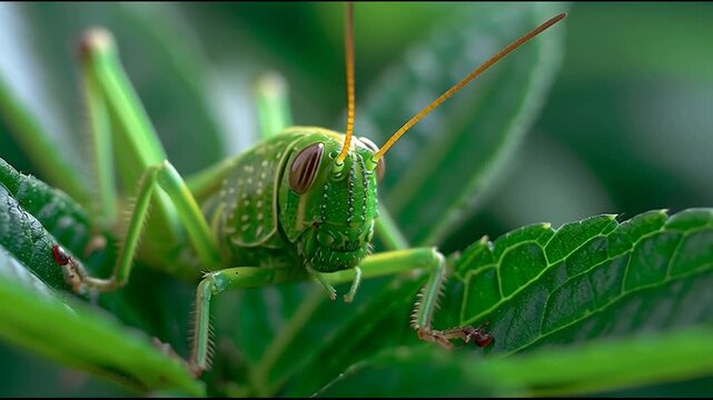 Green grasshopper on green leaves closeup.