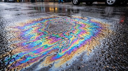 Obraz premium Colorful oil slick on wet asphalt street reflecting rainbow colors