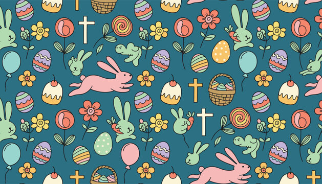 Cute Easter seamless pattern with colorful hand drawn bunnies, decorated eggs, spring flowers, and religious crosses on blue.