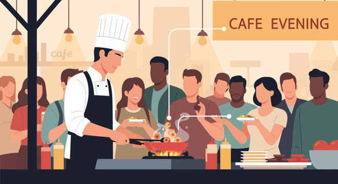Chef serving food to diverse crowd at cafe evening