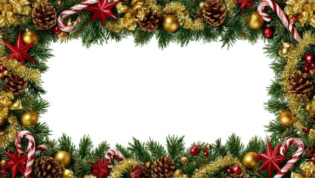 Christmas evergreen foliage frame with pine cones, candy canes, gold ornaments, and red poinsettia decorations