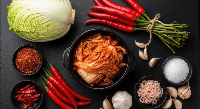 Traditional Korean Kimchi in a Black Bowl with Fresh Ingredients on a Dark Background
