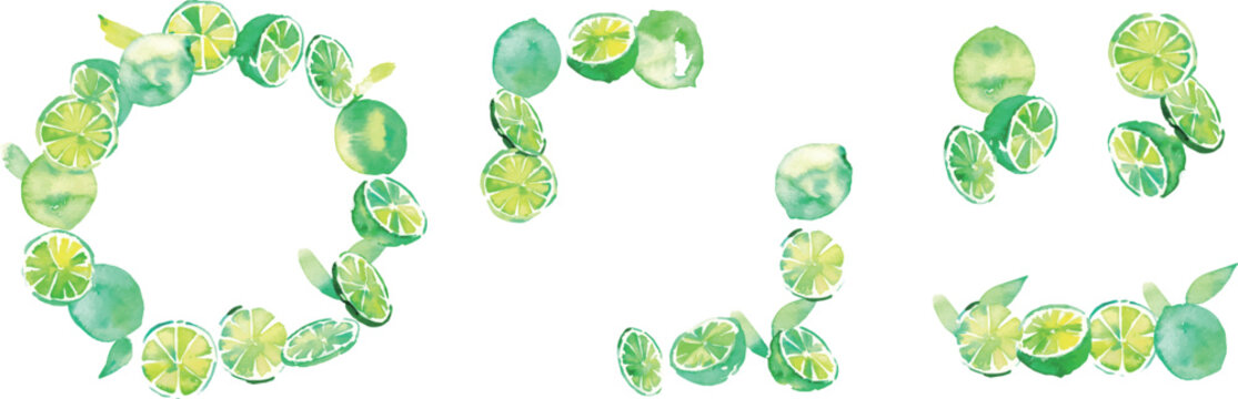 水彩風ライムのフレームセット 夏向け背景素材コレクションWatercolor Lime Frame Set Summer Fresh Citrus Background Collection