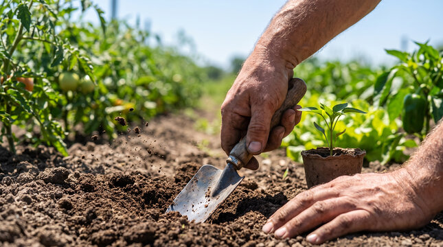 Gardener hand gripping small metal hand trowel, with green potted seedling nearby, digging soil in a vegetable garden, horticulture photography