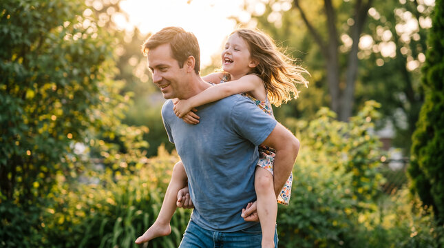 Father carrying happy young girl on his back, with warm golden sunset light, giving piggyback ride in a green backyard, family lifestyle photography