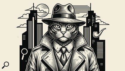 Obraz premium Vintage detailed engraving of mysterious detective cat wearing hat and trench coat in front of dark city skyline with pipe.
