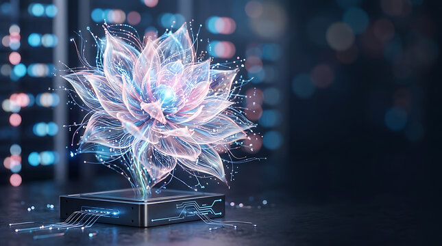 Digital lotus flower emerging from a high tech computer processor