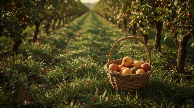 Basket filled with fresh apples and pears in orchard at golden hour, warm mood