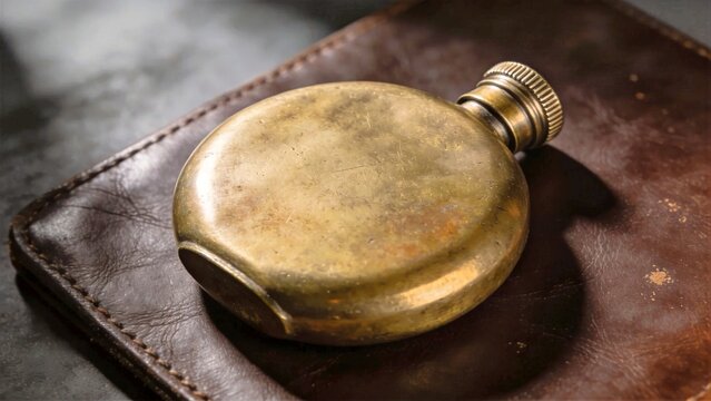 Vintage Brass Hip Flask On Dark Leather Mat, Retro Everyday Object
