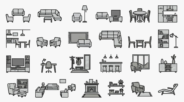Corporate Flat Pack Minimalist Gray Scale Icons of Modern Furniture Home Office and Living Room Essentials