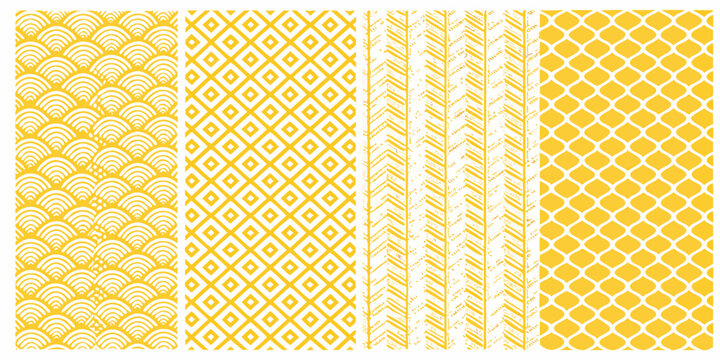 four vertical panels featuring seamless geometric patterns yellow and white designs color background layout abstract art modern style pattern collection decorative