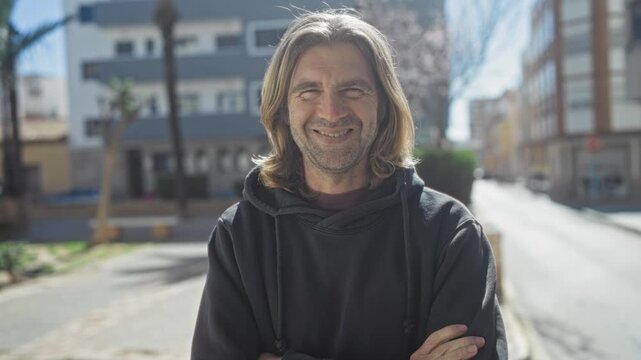 Man with blond shoulder length hair smiling with arms crossed in a black hoodie while standing on a sunny street flanked by buildings; contentment.