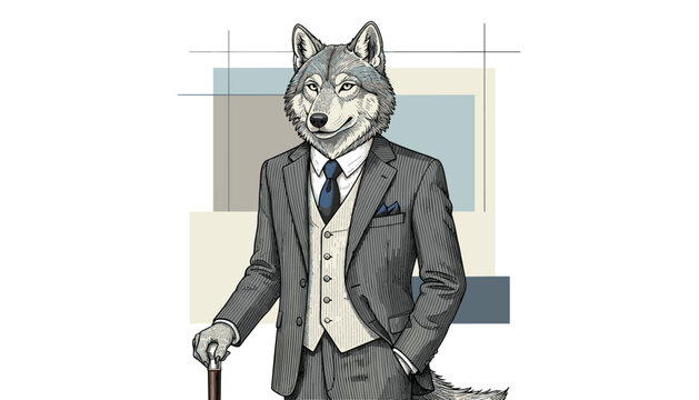 Sophisticated anthropomorphic wolf gentleman wearing a stylish three-piece suit and holding a classic walking cane.
