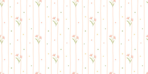 Vintage watercolor floral seamless pattern with mini flowers and stripes. Tiny botanical repeating print for fabric, wallpaper, apparel, and home decor © Elena