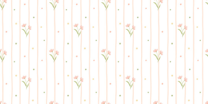 Vintage watercolor floral seamless pattern with mini flowers and stripes. Tiny botanical repeating print for fabric, wallpaper, apparel, and home decor