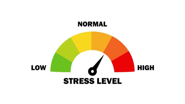 Stress level gauge meter animation: measuring mental health, anxiety, and pressure indicators