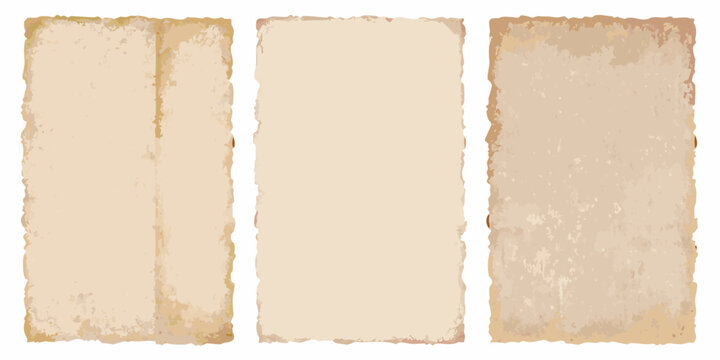 three vertical sheets of vintage parchment paper on white background old antique grungy texture sepia tone historical document scrolls manuscript archive