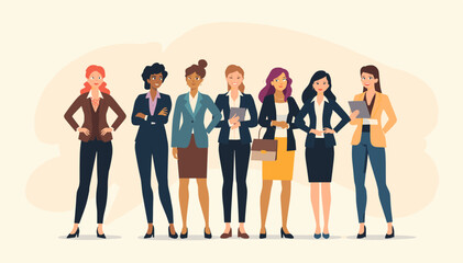Obraz premium A diverse group of professional women standing together, showcasing teamwork and modern business attire.