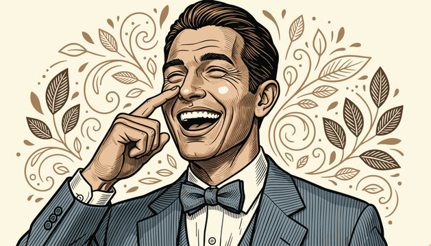 Cheerful gentleman in a suit and bow tie laughing and pointing at his nose in a highly detailed vintage style.