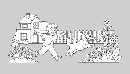 Obraz premium Playful coloring sheet featuring a young boy running and playing frisbee with his happy dog in a garden.