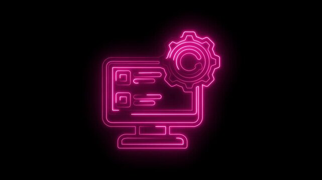 Neon pink computer screen with checklist and gear icon glowing on black background digital