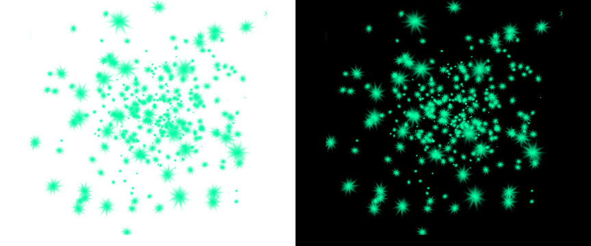 Glowing turquoise glitter particles on black and white backgrounds, sparkling mint green bokeh light effects, magical stardust burst texture