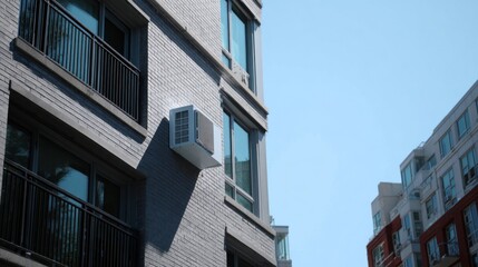 Obraz premium Outdoor air conditioner mounted on modern apartment brick wall with balcony railings windows under clear blue sky residential cooling system, energy efficiency, urban architecture home climate control