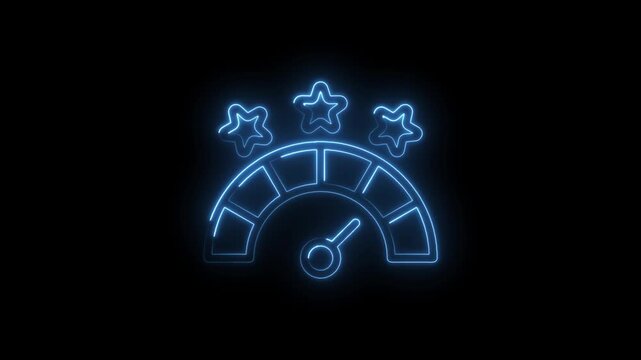 Neon gauge with three stars glowing blue on black background measuring performance rating icon