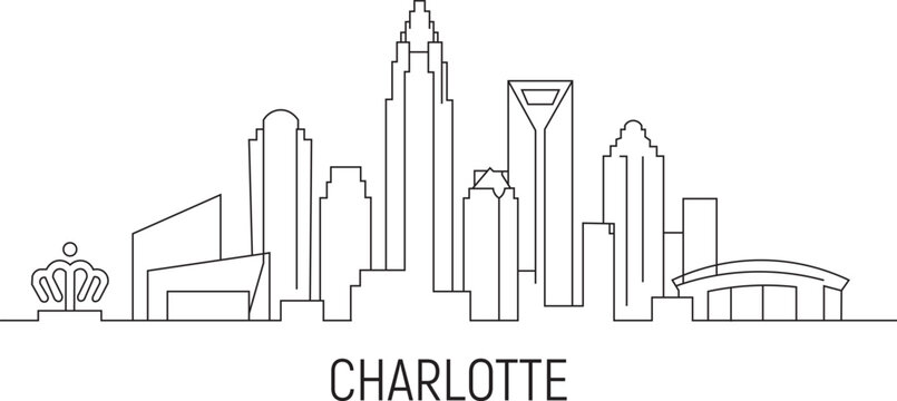 Simple line art depicts Charlotte's skyline