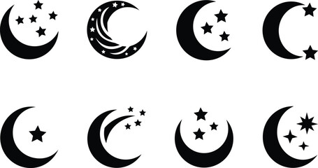 Crescent moon and stars silhouettes set for night sky magic astrology Ramadan decoration and dream logo design vector illustration .isolated on transparent background. © Rizwat