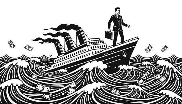 Conceptual vector illustration of a confident businessman standing on a sinking steamship in stormy waves.