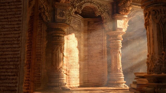Ancient Hindu scripture manuscripts inside a stone temple with golden light