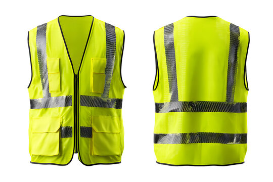 Fluorescent green high safety vest front, back isolated on cutout PNG or transparent. Featuring reflective strips for enhanced visibility protective workwear is construction, engineering.